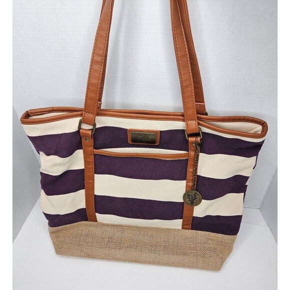 Younique Striped Purple Canvas + Burlap Purse Beach Tote - Picture 1 of 6
